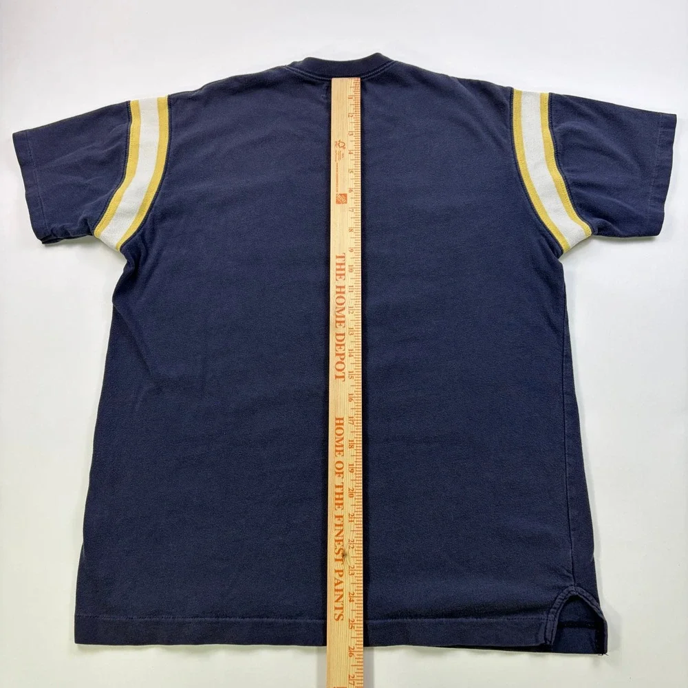 Y2K American Eagle Montauk Graphic T-Shirt Mens Medium Navy Blue Striped Sleeve
